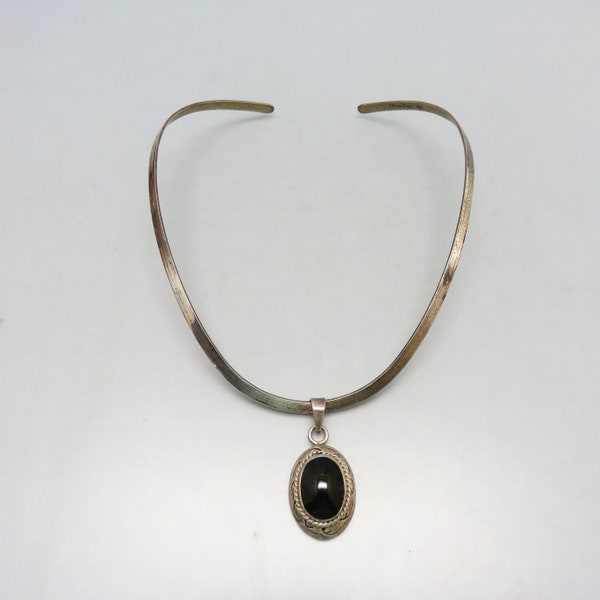 Simple but Elegant Sterling Silver Circlet or Torc Necklace, Black Onyx Pendant