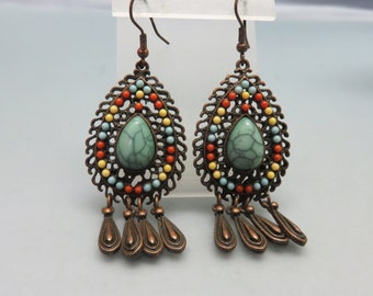 Long Beaded Pierced Earrings, Southwestern Style, Cool Ethnic Look, Vintage