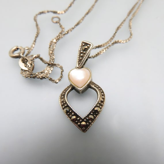 Sterling Marcasite Mother of Pearl Heart Pendant,… - image 2