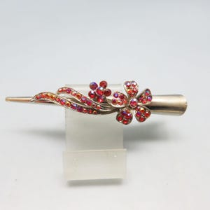 Vintage Red Rhinestone Flower Hair Barrette - Dark Silver Metal Clip