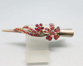 Vintage Red Rhinestone Flower Hair Barrette - Dark Silver Metal Clip