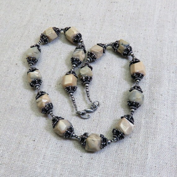 Beige Agate Bead Sterling Silver Necklace, Vintage - image 3