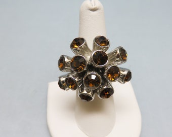 1980s Rhinestone Starburst Costume Ring, Root Beer Brown Rhinestones, Rhodium Finish, Adjustable