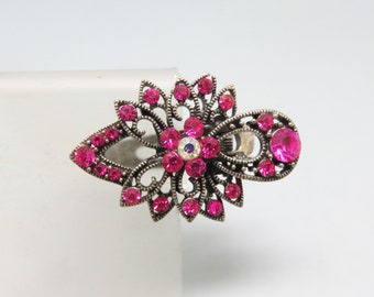 Floral Design Vintage Fuchsia Pink Rhinestone Hair Barrette or Clip, Dark Silvertone Metal