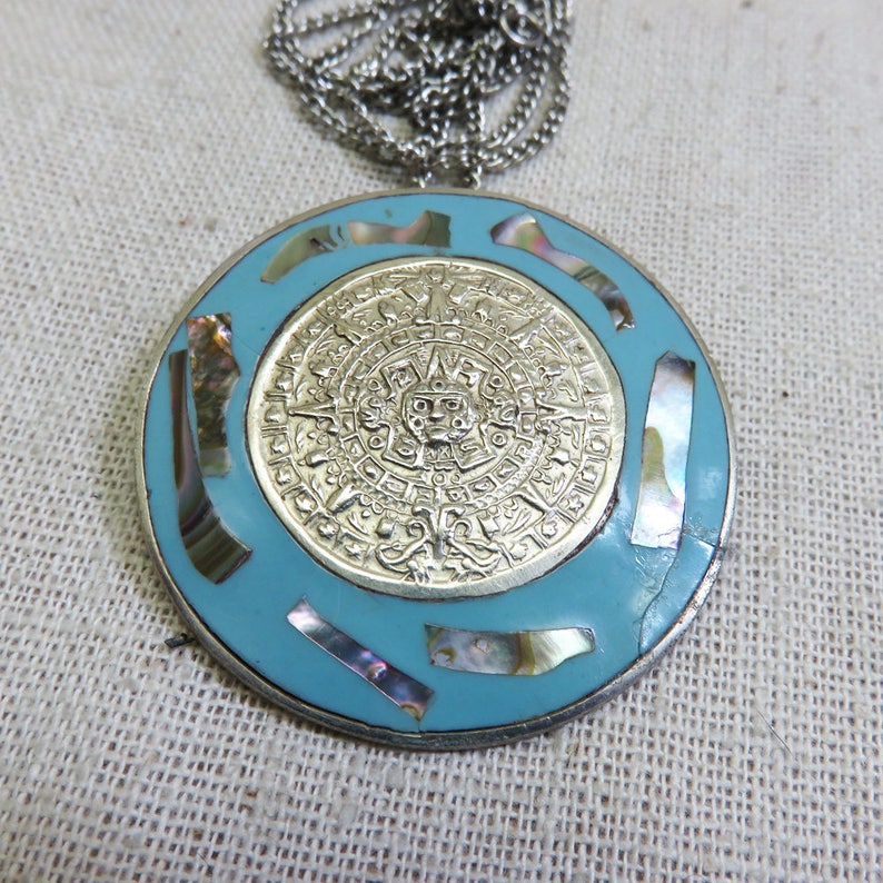 Vintage 1970s Abalone Shell Mayan Calendar Necklace Alpaca Silver Mayan Calendar Pin or Pendant