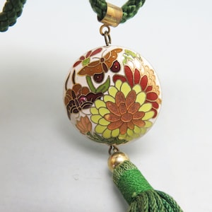 Vintage Cloisonne' Chrysanthemum Necklace, Green Tassel Necklace