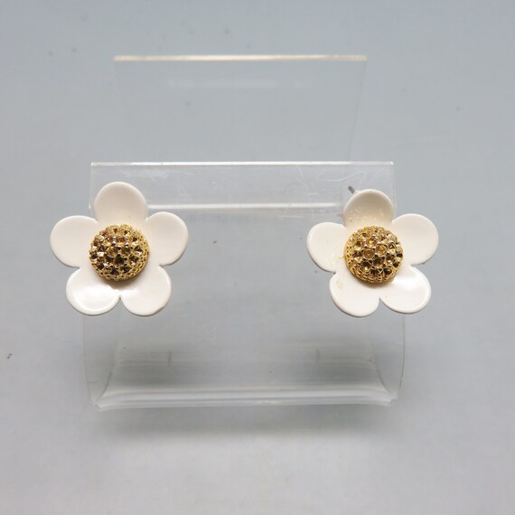 Vintage White Enamel Flower Pierced Earrings, Per… - image 2