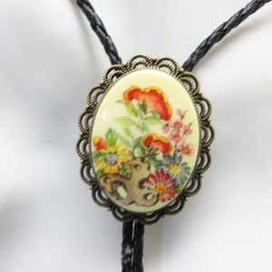 Vintage Resin Floral Cameo Bolo Tie,  Handmade, Oriental Poppies Cameo