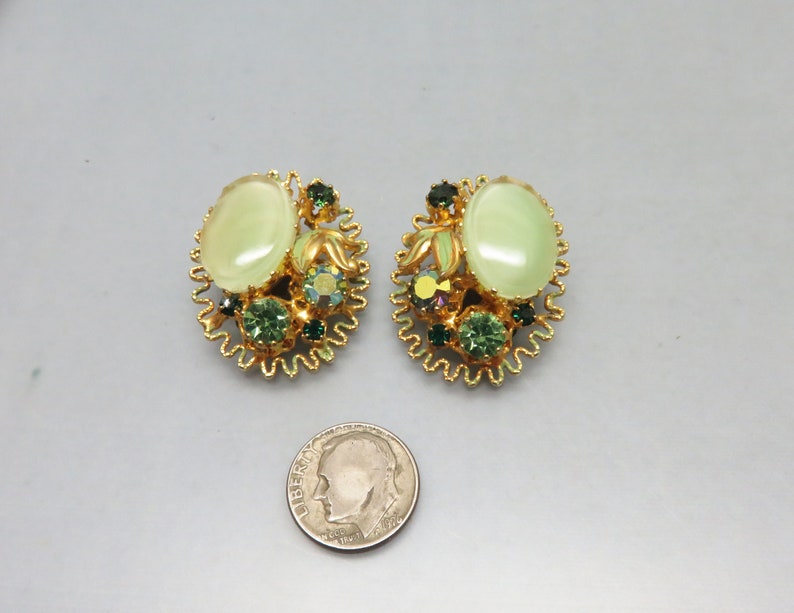 1960s Spring Green Glass Clip On Earrings, Peridot Green Rhinestone Accents image 5