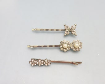 3 Rhinestone Bobby or Hair Pins, Vintage, Rhinestone Bobbie Pins