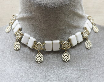 Vintage White Glass and Filigree Necklace, 16 Inches, White Glass Choker