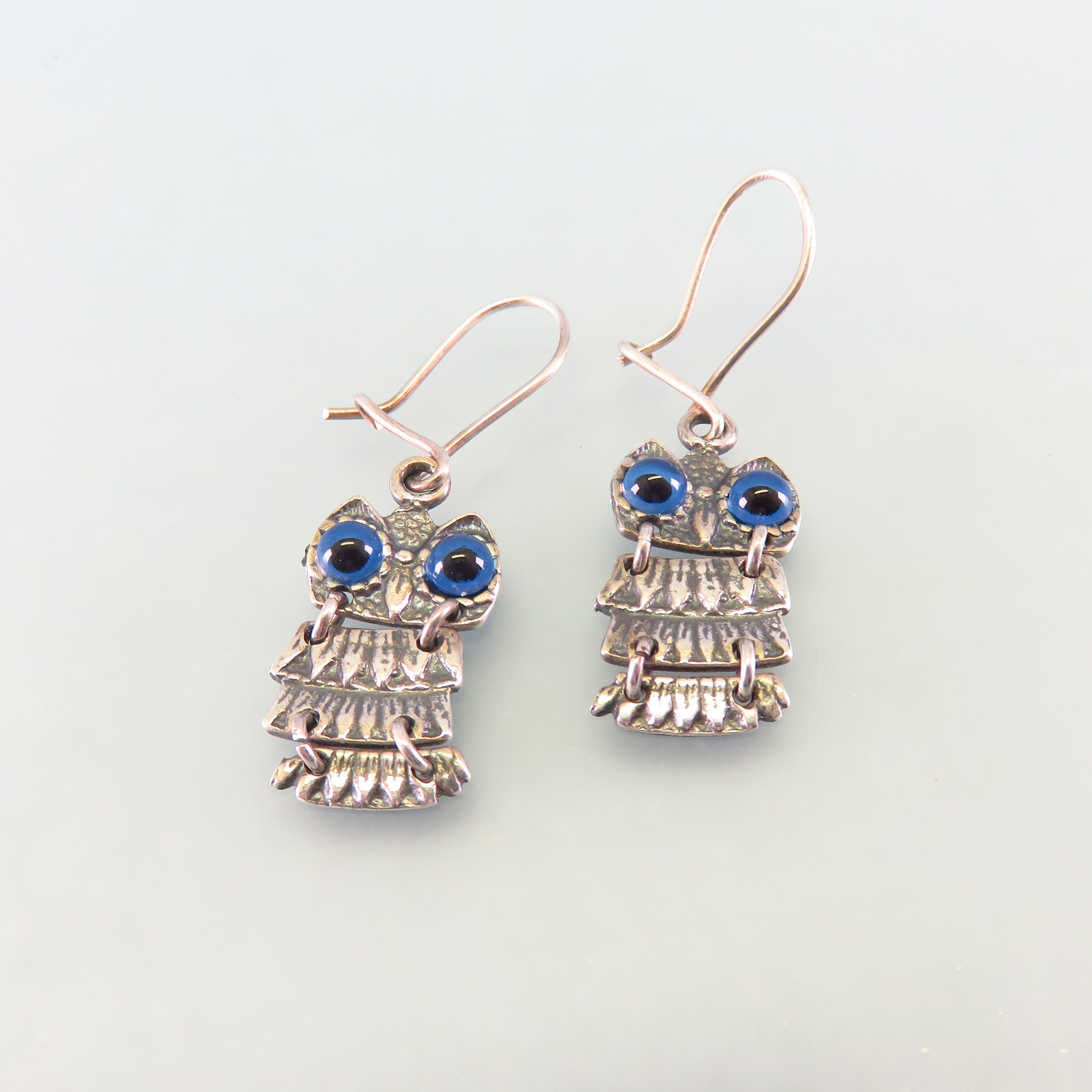 Owl Pierced Earrings, Vintage, Articulated, Swinging Body, 60's Style Sterling Dangles