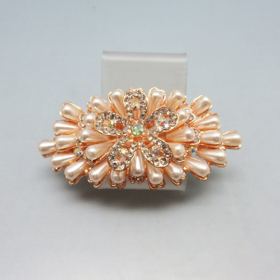 Vintage Gold-Tone Hair Barrette Clip Pink Stone & Faux Pearls Made In France Vintage Elegant Faux Pearl Hair Clip or Barrette Pair, Faux  main image 4