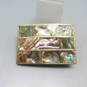Vintage Abalone Inlay Belt Buckle, Alpaca Mexico, Rectangular Shell Mosaic, Iridescent Statement Accessory*