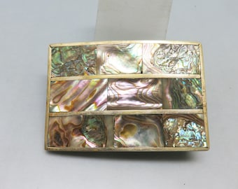 Vintage Abalone Inlay Belt Buckle, Alpaca Mexico, Rectangular Shell Mosaic, Iridescent Statement Accessory*