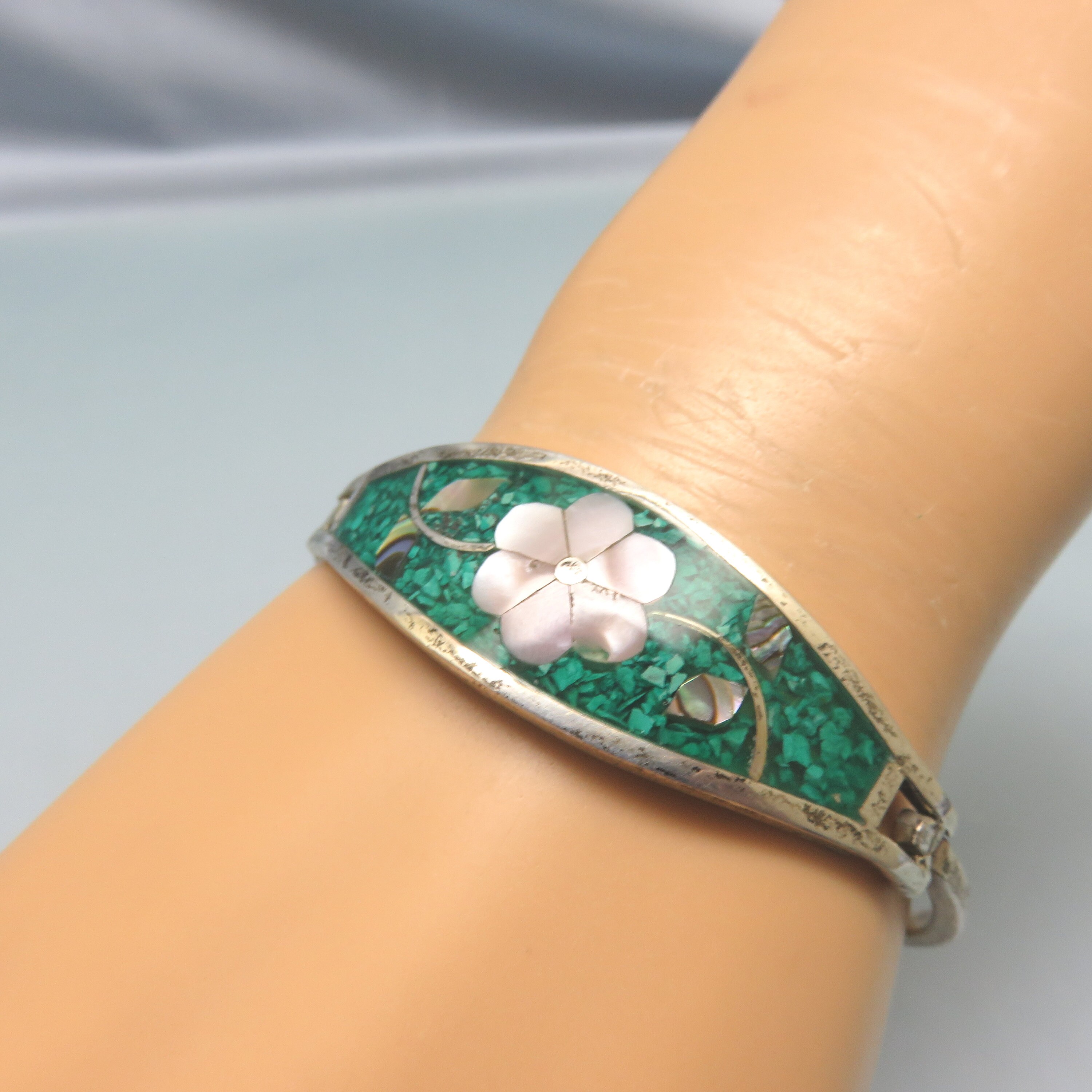 Vintage Alpaca Silver, Flower Bracelet, Turquoise Chips Vintage Alpaca Silver, Flower Bracelet, Turquoise Chips