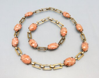 Gold Vermeil Necklace and Bracelet Set, 13 Inch  Necklace, Pink Lucite Cabochons