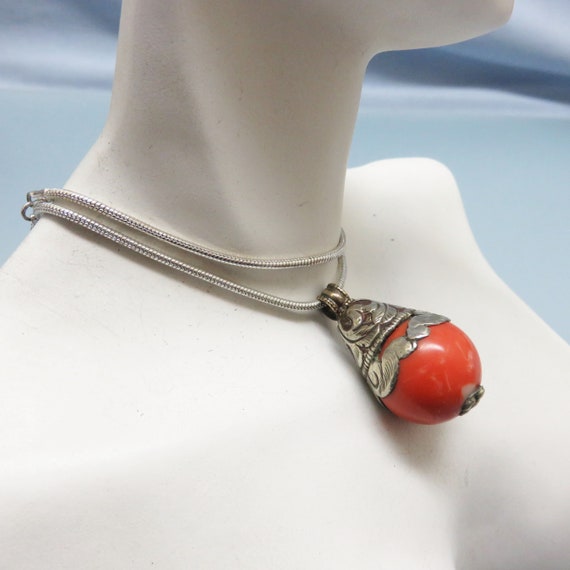 Sterling Setting, Faux Coral Pendant Necklace, Vi… - image 4
