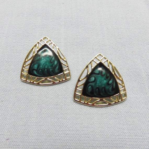 1980s Marbled Green Enamel Pierced Earrings, Big a