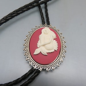 Vintage Resin Cameo Mermaid Themed Bolo Tie,  Handmade, Rose and White