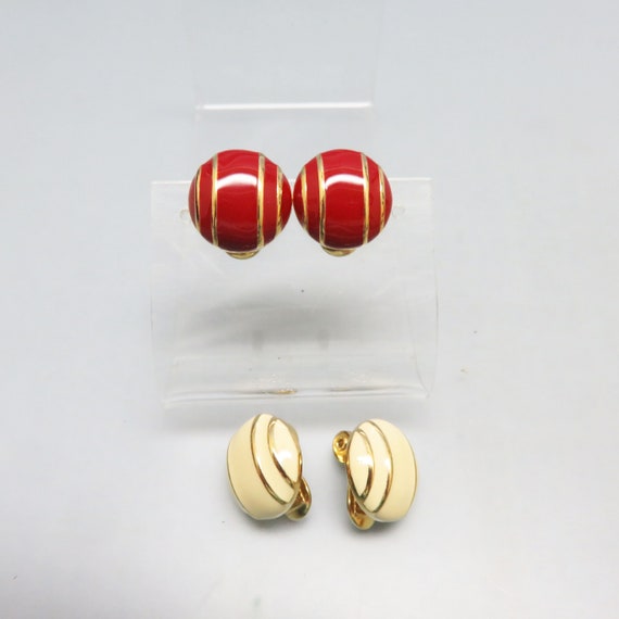 Small White Enamel and Red Enamel Clip On Earring… - image 1