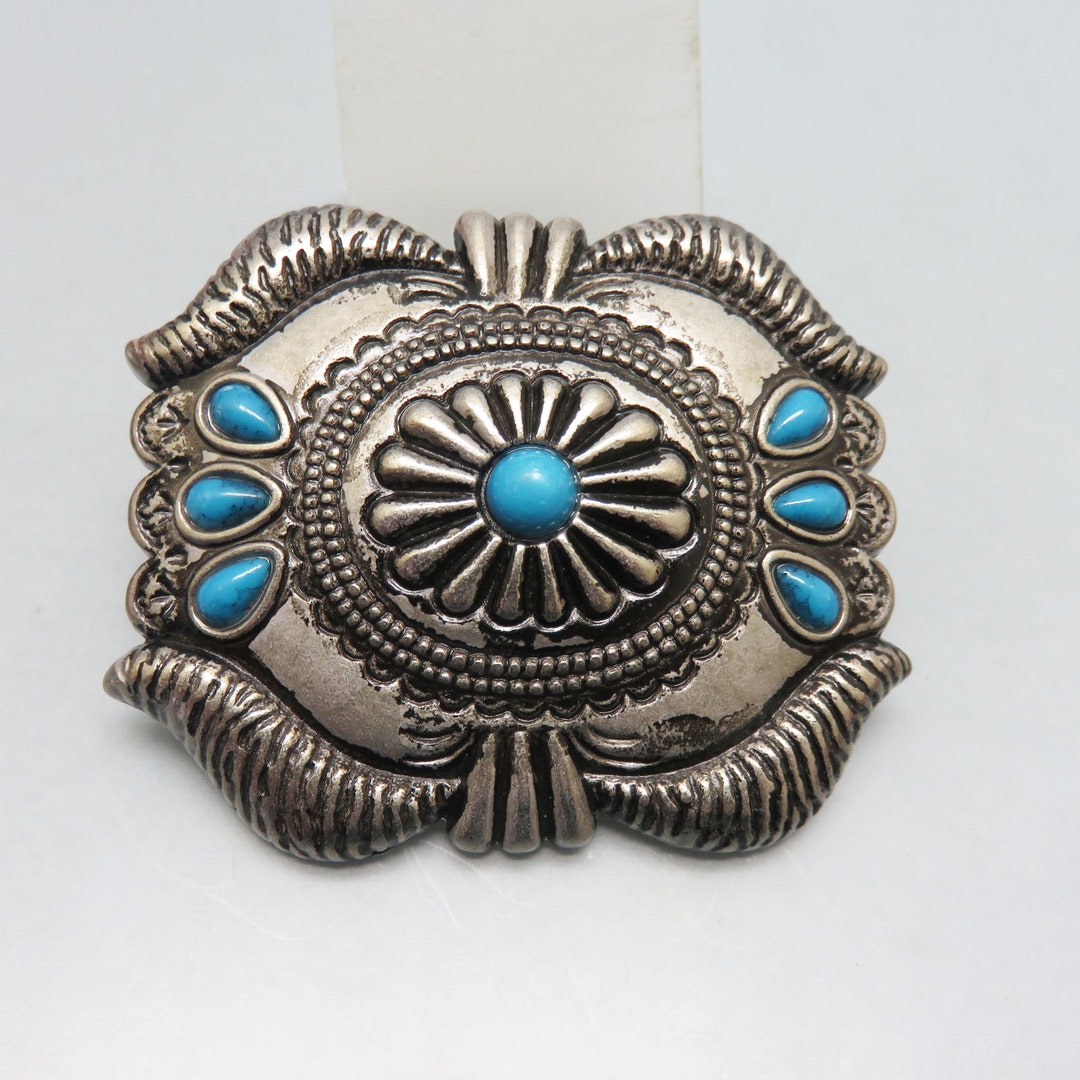 Silver Tone & Faux Turquoise Belt Buckle Round Southwest Native Inspired SEE Bac Native American Genuine Turquoise Silver Belt Buckle  main image 4