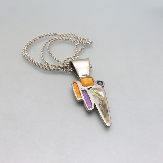 Sterling BoHo Stone, Shell and Enamel Pendant Nec… - image 1