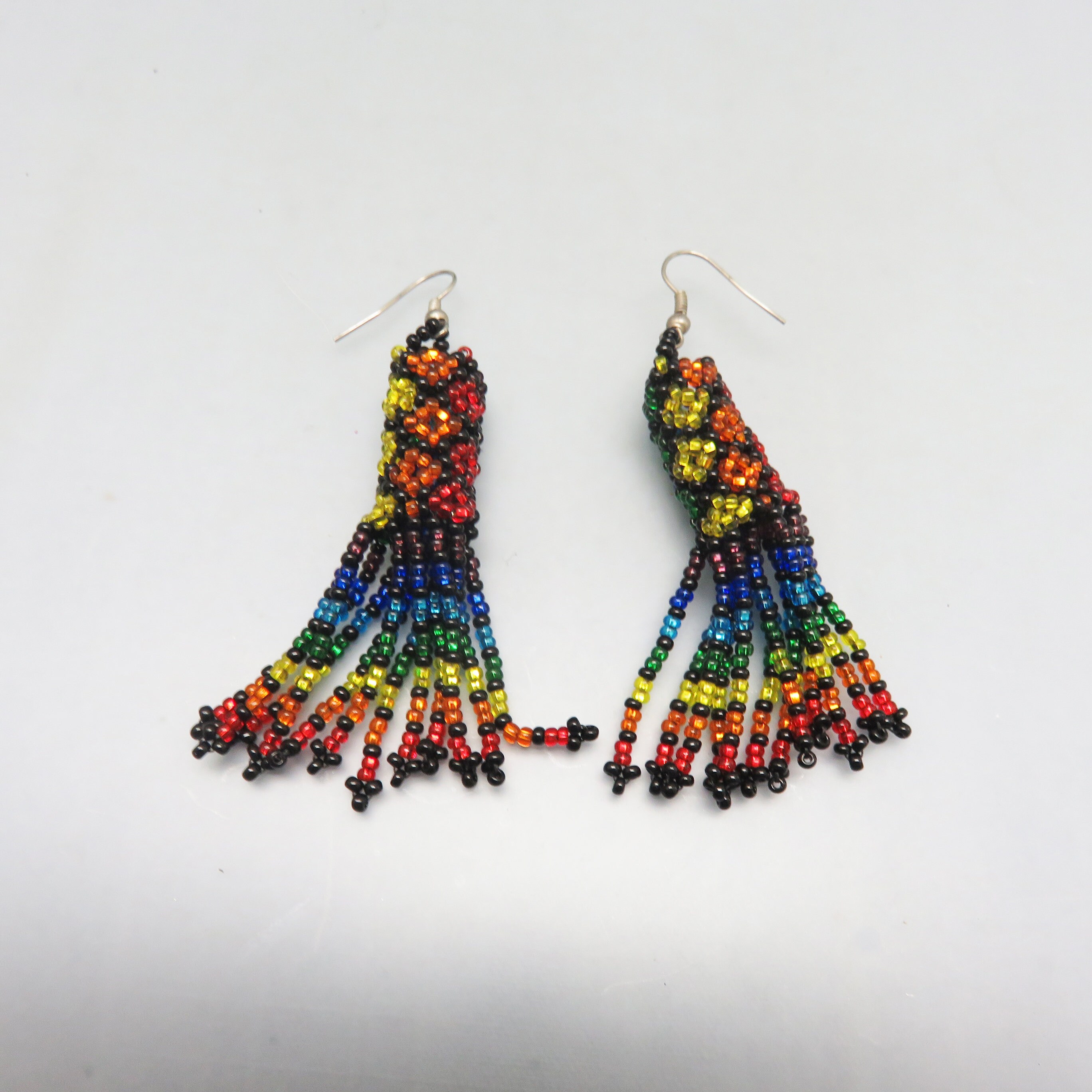 Colorful Windsock Seed Bead Pierced Earrings, Vintage Hand Beaded