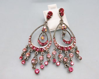 Vintage Pink Rhinestone Dangle Earrings: 1980s Bridal Jewelry