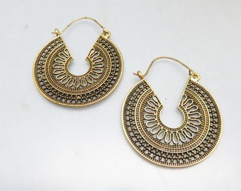 1980's Ethnic Look Gold Plated Hoop Earrings, Big Hoop Pierced Earrings