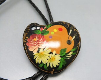 Russian Zhostovo Tole Painted Floral Bolo Tie, Painter's Palette Bolo Tie