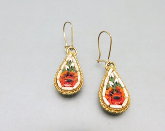 Mosaic Flower Pierced Earrings, Vintage Italian Mosaic Red and White Earrings