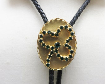 Green Rhinestone Shamrock Bolo Tie, Vintage Bolo Tie, St Patrick's Day Bolo