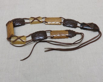 Vintage Carved Wood & Cow Horn Link Belt - 61 Inch Leather Detail