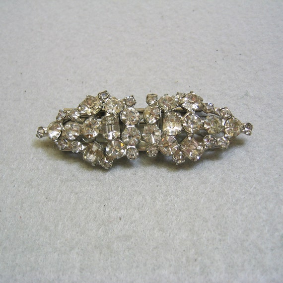 White Rhinestone Duette Brooch, Dress Clips, - image 1