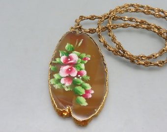 Hand Painted Agate Pendant Necklace, Gold Electroformed Setting.