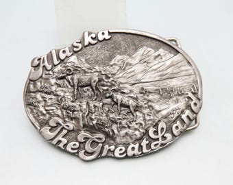 Alaskan Mountain Goats Vintage Belt Buckle, Pewter Toned Metal *