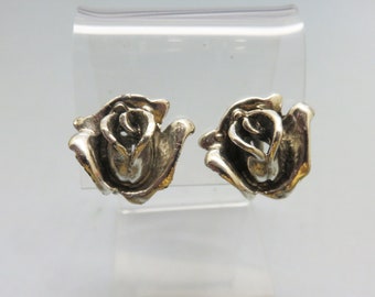 Silver Rose Clip On Earrings, Vintage