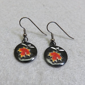 Enameled Pewter Maple Leaf Pierced Earrings, Vintage Enamel Earrings