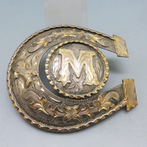 Vintage Horseshoe M Initial Belt Buckle, Alpaca Mexico With Bronze Trim, Large Western Cowboy Buckle*