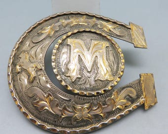 Vintage Horseshoe M Initial Belt Buckle, Alpaca Mexico With Bronze Trim, Large Western Cowboy Buckle*