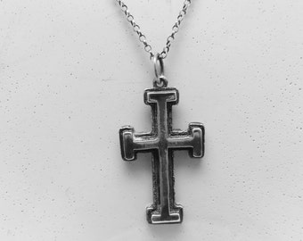 Vintage 1970s Modern Sterling Silver Cross Pendant and Chain, 18 Inch Chain