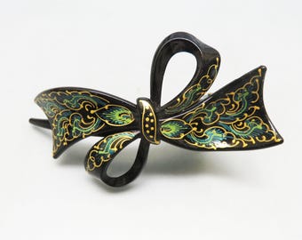 Vintage Hand Painted Black Bow Hair Claw – Gold Green Floral Scrollwork – Large 1980s Statement Hair Clip
