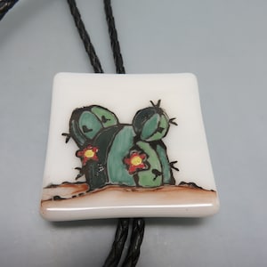 Handpainted Fused Glass Desert Cactus Bolo Tie