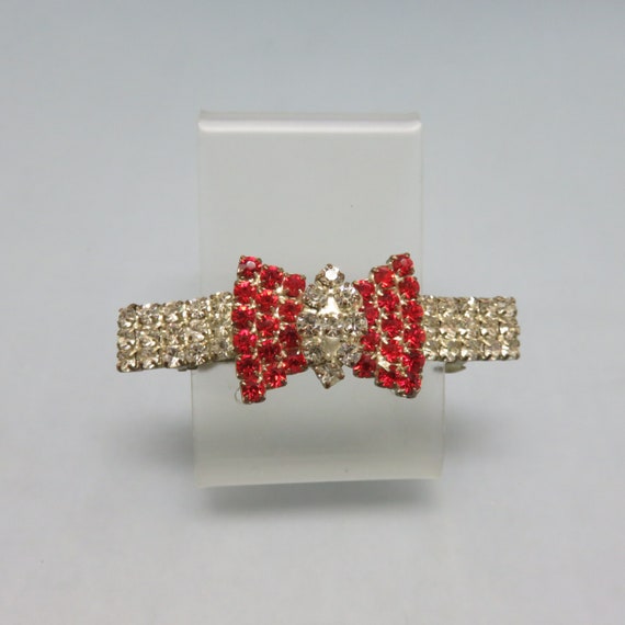 Vintage Rhinestone Hair Bow, Clear and Red Rhines… - image 1