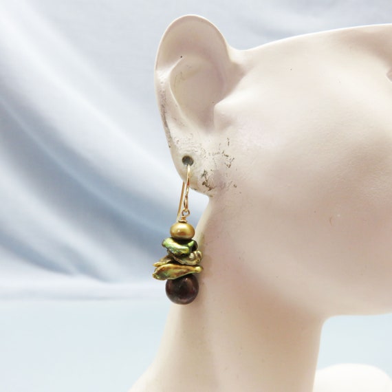 Vintage Stacked Real Pearl Pierced Earrings, Gree… - image 6