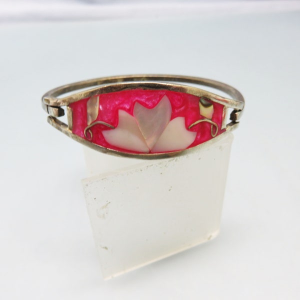 Vintage Alpaca Silver, Flower Bracelet, Rose Pink Enamel, Mother of Pearl and Abalone Shell