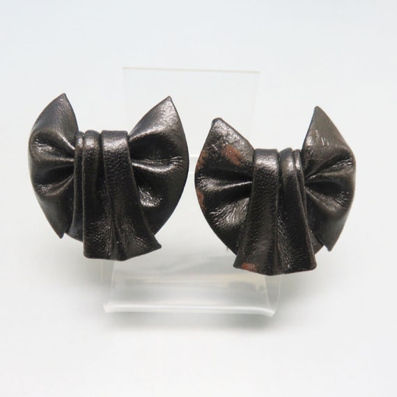 Black Leather Shoe Clips, Vintage, Draped Bow Design Gem