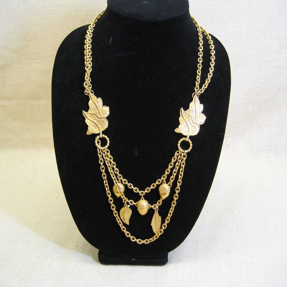 Sexy 1980s Gold Chain Acorns and Leaves Bib Neckl… - image 2