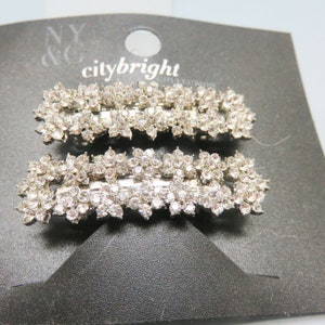 Vintage Modern Silver Metal Hair Barrette Pair, Fiery Clear Rhinestones